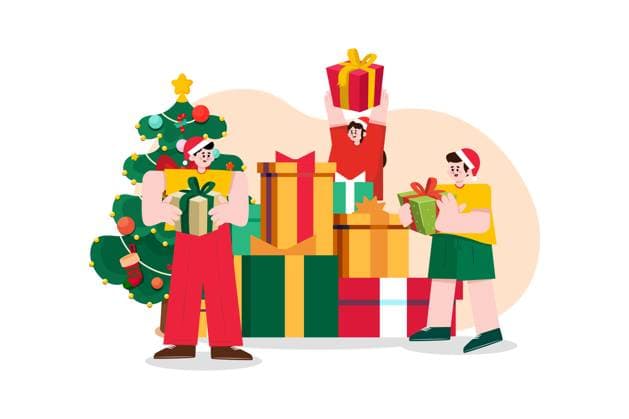 Friends exchanging Christmas presents Christmas Illustration concept. Flat illustration isolated on white background, 61222824.jpg RECORD DATE NOT STATED