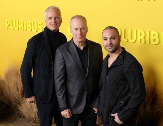Patrick Fabian, Bob Odenkirk and Michael Mando attend the world premiere of the Apple TV series Pluribus at the DGA Theater on Tuesday, November 4, 2025. Pluribus will make its global debut on Apple TV with its first two episodes on Friday, November 7, 2025, followed by new episodes every Friday through December 26. Storyline: The most miserable person on Earth must save the world from happiness.  LAP20251104836 GREGxGRUDT