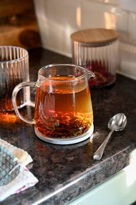 Black tea in a glass cup Corby, England, United Kingdom R_ATMT250401-1695264-01