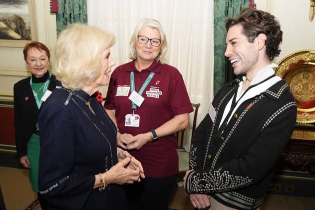 Community volunteering celebration Queen Camilla speaks to Tom Read Wilson, as she hosts members of the National Association of Care Catering (NACC), and representatives from Royal Voluntary Service (RVS) in a celebration of community volunteering during Meals on Wheels Week, at Clarence House in central London. Picture date: Wednesday November 5, 2025., Credit:Jordan Pettitt Avalon UK, London  Copyright: xJordanxPettittx xAvalonx 1050493282