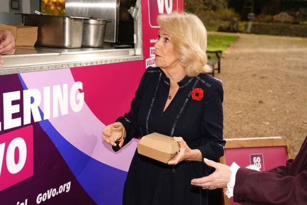 . 05 11 2025. London, United Kingdom. Queen Camilla with social media star ÔSpudmanÕ as she helps out at a food truck during a reception to celebrate community volunteering at Clarence House in London.  xPoolx xi-Imagesx IIM-26355-0016