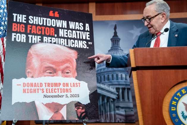 Senate Minority Leader Chuck Schumer, D-NY, speaks during a press conference at the U.S. Capitol in Washington, DC on Wednesday, November 5, 2025. Schumer discussed the government shutdown and Election Day results.  WAP20251105480 BONNIExCASH