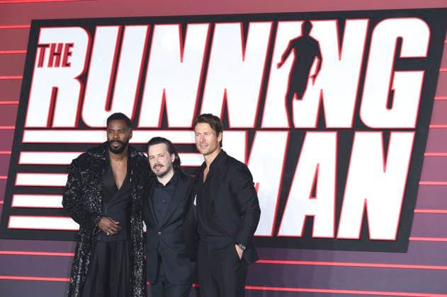 Colman Domingo, Edgar Wright und Glen Powell bei der Premiere des Kinofilms The Running Man im Odeon Luxe Leicester Square. London, 05.11.2025