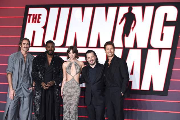 Lee Pace, Colman Domingo, Emelia Jones, Edgar Wright und Glen Powell bei der Premiere des Kinofilms The Running Man im Odeon Luxe Leicester Square. London, 05.11.2025