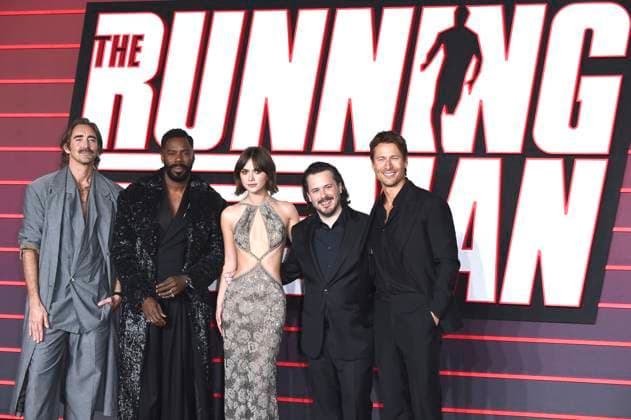 Lee Pace, Colman Domingo, Emelia Jones, Edgar Wright und Glen Powell bei der Premiere des Kinofilms The Running Man im Odeon Luxe Leicester Square. London, 05.11.2025