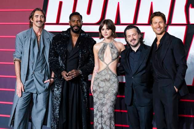 Lee Pace, Colman Domingo, Emilia Jones, Edgar Wright und Glen Powell bei der Premiere des Kinofilms The Running Man im Odeon Luxe Leicester Square. London, 05.11.2025