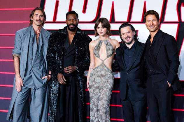 Lee Pace, Colman Domingo, Emilia Jones, Edgar Wright und Glen Powell bei der Premiere des Kinofilms The Running Man im Odeon Luxe Leicester Square. London, 05.11.2025
