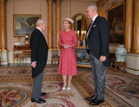 Audience at Buckingham Palace Kristina Miskowiak Beckvard, Ambassador of Denmark, accompanied by Henrik Beckvard, presents her credentials to King Charles III during a private audience at Buckingham Palace, London. Picture date: Thursday November 6, 2025., Credit:Yui Mok Avalon UK, London  Copyright: xYuixMokx xAvalonx 1050801476