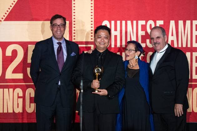 LOS ANGELES, CA - NOVEMBER 06: Director Larry Yang (L2) poses with trophy during the Golden Angel Awards Ceremony of the 2025 Chinese American Film Festival (CAFF) and the Chinese American Television Festival (CATF) on November 6, 2025 in Los Angeles, California.  Copyright: xVCGx 111602455483