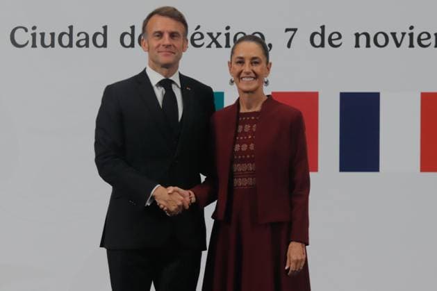Mexico s President, Claudia Sheinbaum Pardo meets whit President of France Emmanuel Macron during the joint Mexico-France press conference as part of Macron working visit to Mexico at the National Palace. on November 7, 2025 in Mexico City, Mexico. Mexico City Mexico - ZUMAe321 20251107_zia_e321_031 Copyright: xCarlosxSantiagox