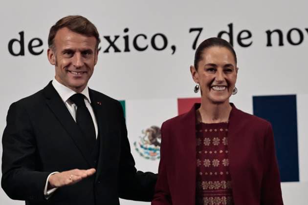 News Bilder des Tages November 7, 2025, Mexico City, Mexico: Following the reception of the President of Mexico, CLAUDIA SHEIMBAUM, by the President of France, EMMANUEL MACRON, a conference was held in the Treasury Room of the National Palace.They discussed economic, social, cultural, and feminist issues to improve and strengthen the bilateral relationship. Mexico City Mexico - ZUMAp204 20251107_zip_p204_078 Copyright: xJosuexPerezx