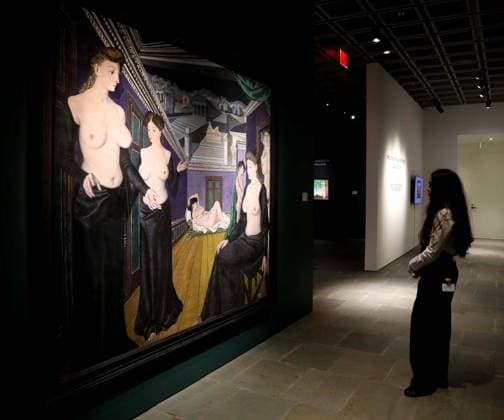 November 7, 2025, New York, New York, USA: A woman looks at Composition, 1945, by artist Paul Delvaux, estimate $2.5 million - $3.5 million, seen on display during November Marquee Week 2025 during SothebyÃ¢â‚¬â ¢s Opening of the New Global Headquarters at the Breuer. New York USA - ZUMAk03_ 20251107_zaf_k03_044 Copyright: xNancyxKaszermanx