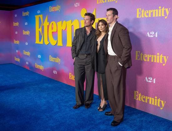 November 8, 2025, Bronx, New York, USA: Miles Teller, Elizabeth Olsen and Callum Turner attend Eternity premiere at Regal Union Square in New York, NY on November 8, 2025. Bronx USA - ZUMAr339 20251108_znp_r339_065 Copyright: xLevxRadinx
