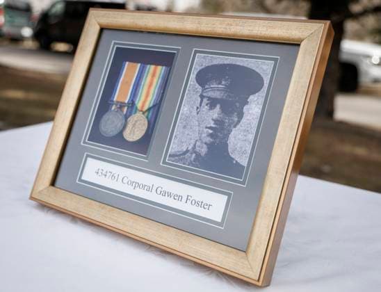 November 9, 2025, Calgary, Ab, CANADA: The medals and a photo of Cpl. Gawen Foster, who served with the 50th Canadian Infantry Battalion, Canadian Expeditionary Force, during the First World War, sits on a table prior to the KingöÄÃ s Own Calgary Regiment conducted a graveside ceremony honouring him in Calgary, Sunday, Nov. 9, 2025. Calgary CANADA - ZUMAc35_ 20251109_zaf_c35_026 Copyright: xJeffxMcintoshx