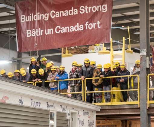 November 10, 2025, Fredericton, Nb, Canada: Workers smile at Prime Minister Mark Carney while taking a tour of Maple Leaf Homes in Fredericton, N.B., on Monday, Nov. 10, 2025. Fredericton Canada  - ZUMAc35_ 20251110_zaf_c35_043 Copyright: xStephenxMacgillivrayx