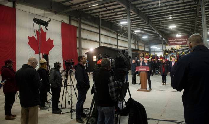 November 10, 2025, Fredericton, Nb, Canada: Prime Minister Mark Carney makes an announcement at the manufacturing facility of Maple Leaf Homes in Fredericton, N.B., on Monday, Nov. 10, 2025. Fredericton Canada  - ZUMAc35_ 20251110_zaf_c35_046 Copyright: xStephenxMacgillivrayx
