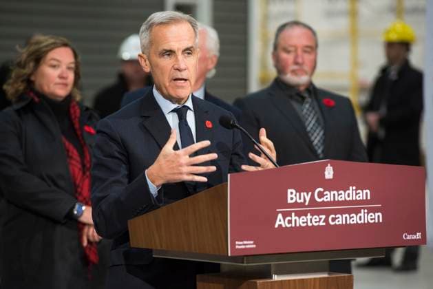 November 10, 2025, Fredericton, Nb, Canada: Prime Minister Mark Carney makes an announcement at the manufacturing facility of Maple Leaf Homes in Fredericton, N.B., on Monday, Nov. 10, 2025. Fredericton Canada  - ZUMAc35_ 20251110_zaf_c35_051 Copyright: xStephenxMacgillivrayx