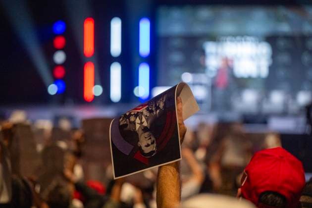 November 10, 2025, Berkeley, Ca, USA: Attendees holds a poster of Charlie Kirk cheer for comedian and actor Rob Schneider and Frank Turek as they speak during the Turning Point USA tour at the UC Berkeley on Monday, Nov. 10, 2025, in Berkeley. The group was founded by late conservative activist Charlie Kirk. Berkeley USA - ZUMAj89_ 20251110_zaf_j89_015 Copyright: xPaulxKitagakixJr.x