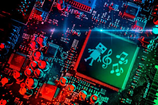 FOTOMONTAGE, Computerchip mit Roboterfigur, Noten und NotenschlÃ¼ssel, Symbolfoto fÃ¼r die Nutzung von Musik und Songtexten durch KÃ¼nstliche Intelligenz *** PHOTOMONTAGE, computer chip with robot figure, sheet music and clef, symbolic photo for the use of music and lyrics by artificial intelligence ** NUR FUER REDAKTIONELLE ZWECKE ** EDITORIAL USE ONLY **