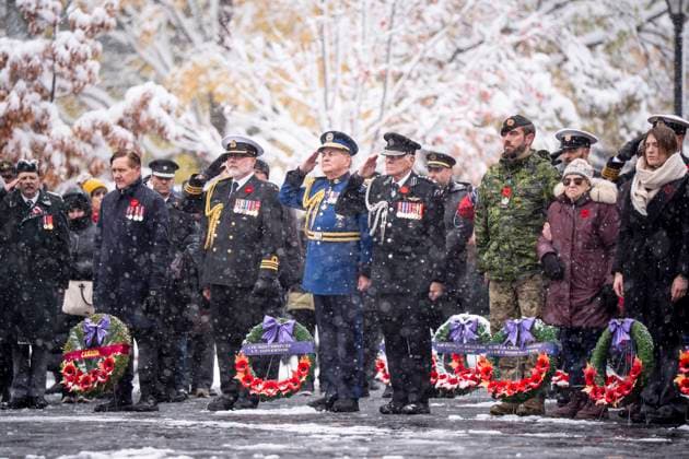 November 11, 2025, Montreal, Pq, CANADA: Members of the Canadian Armed Forces, dignitaries and the public take part in a Remembrance Day ceremony, in Montreal, Tuesday, Nov. 11, 2025. Montreal CANADA  - ZUMAc35_ 20251111_zaf_c35_095 Copyright: xChristopherxKatsarovx