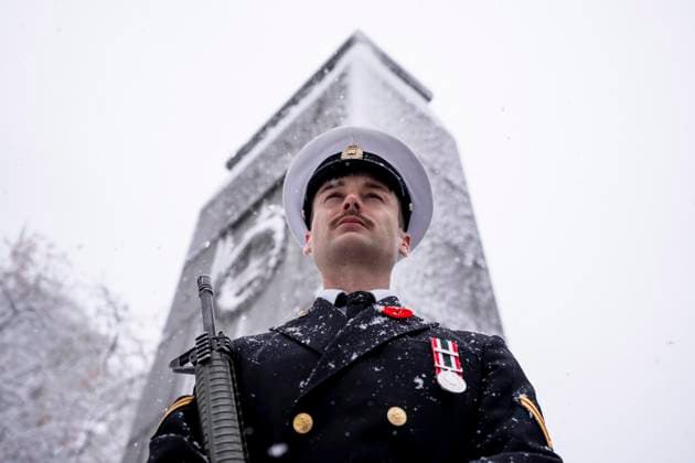 November 11, 2025, Montreal, Pq, CANADA: A ceremonial guard stands at the Cenotaph during a Remembrance Day ceremony in Montreal, Tuesday, Nov. 11, 2025. Montreal CANADA  - ZUMAc35_ 20251111_zaf_c35_097 Copyright: xChristopherxKatsarovx