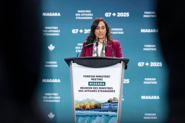 November 11, 2025, Niagara-On-The-Lake, On, Canada: Foreign Affairs Minister Anita Anand delivers opening remarks during the G7 Foreign Ministers Meeting in Niagara-on-the-Lake, on Tuesday, November 11, 2025. Niagara-On-The-Lake Canada  - ZUMAc35_ 20251111_zaf_c35_249 Copyright: xNickxIwanyshynx
