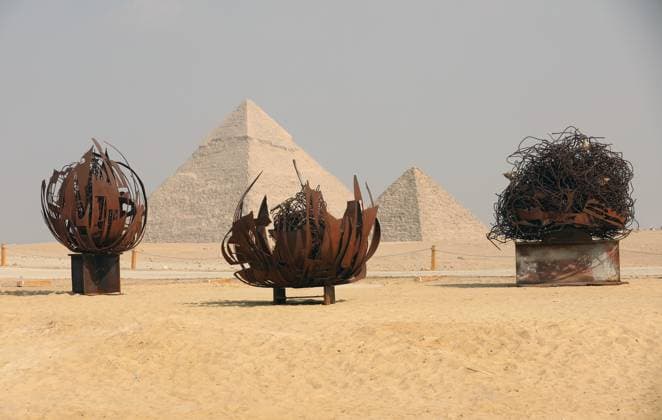 Giza Pyramids, a backdrop for Forever Is Now contemporary art exhibition in EgyptGiza Pyramids, a backdrop for Forever Is Now contemporary art exhibition in Egypt An art installation Desert Flowers by Nadim Karam from Lebanon during the fifth edition of the Forever is Now art exhibition by Art d’Egypte at the Giza pyramids necropolis, Egypt on November 11, 2025. Art D’Égypte, this global art exhibition is a one-of-a-kind event that bridges the brilliance of contemporary art with the grandeur of Egypt’s ancient heritage, showcasing how art interacts with time and place at one of the world’s most iconic heritage sites. This year’s fifth edition features a diverse group of international ten artists from different countries and cultures  Copyright: xMatrixxImagesx xKhaledxElfiqix