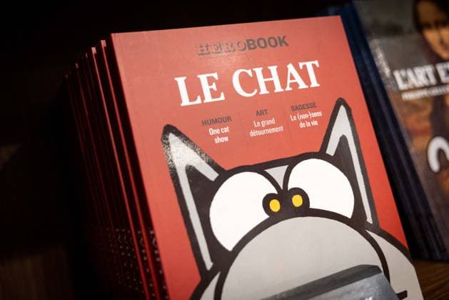 Exhibition of Philippe Geluck - Paris AJ This photo is an illustration showing The Cat comic strips on a shelf during the opening of the exhibition (vernissage) of Philippe Geluck, author of the comic book (Bande dessinee, BD, Livre) strip Le Chat at the Maillol Museum in Paris, France on November 12, 2025. Photo by Alexis Jumeau ABACAPRESS.COM Paris France  Copyright: xJumeauxAlexis ABACAx