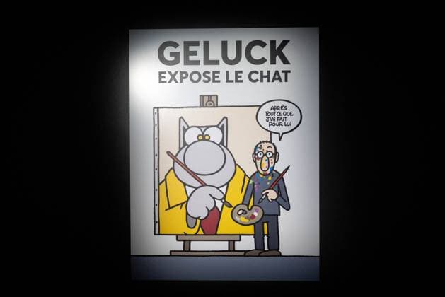 Exhibition of Philippe Geluck - Paris AJ This photo is an illustration that serves as the poster for the exhibition during the opening of the exhibition (vernissage) of Philippe Geluck, author of the comic book (Bande dessinee, BD, Livre) strip Le Chat at the Maillol Museum in Paris, France on November 12, 2025. Photo by Alexis Jumeau ABACAPRESS.COM Paris France  Copyright: xJumeauxAlexis ABACAx