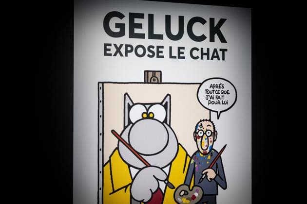 Exhibition of Philippe Geluck - Paris AJ This photo is an illustration that serves as the poster for the exhibition during the opening of the exhibition (vernissage) of Philippe Geluck, author of the comic book (Bande dessinee, BD, Livre) strip Le Chat at the Maillol Museum in Paris, France on November 12, 2025. Photo by Alexis Jumeau ABACAPRESS.COM Paris France  Copyright: xJumeauxAlexis ABACAx