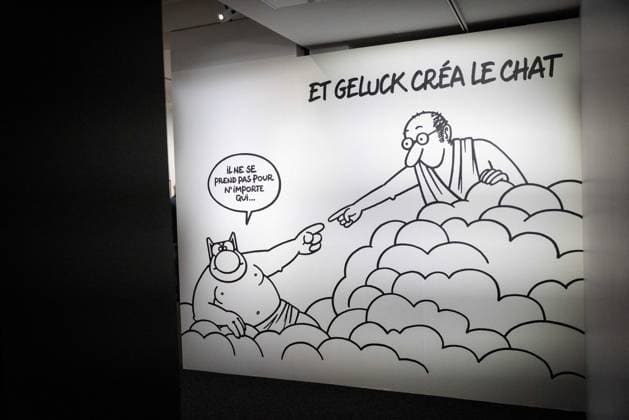 Exhibition of Philippe Geluck - Paris AJ This photo is an illustration showing the corridors, paintings, drawings, Statue statues and artworks of the exhibition during the opening of the exhibition (vernissage) of Philippe Geluck, author of the comic book (Bande dessinee, BD, Livre) strip Le Chat at the Maillol Museum in Paris, France on November 12, 2025. Photo by Alexis Jumeau ABACAPRESS.COM Paris France  Copyright: xJumeauxAlexis ABACAx