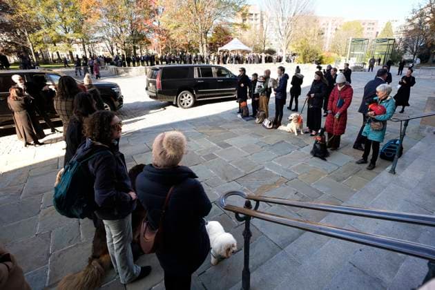 Jane Goodall funeral service - Washington Handlers stand with a dog salute as mourners arrive before the funeral service for conservationist Jane Goodall at the National Cathedral in Washington on November 12, 2025. Photo by Yuri Gripas ABACAPRESS.COM Washington DC United States  Copyright: xGripasxYuri ABACAx