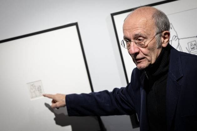 Exhibition of Philippe Geluck - Paris AJ Close up portrait of Philippe Geluck during the opening of the exhibition (vernissage) of Philippe Geluck, author of the comic book (Bande dessinee, BD, Livre) strip Le Chat at the Maillol Museum in Paris, France on November 12, 2025. Photo by Alexis Jumeau ABACAPRESS.COM Paris France  Copyright: xJumeauxAlexis ABACAx