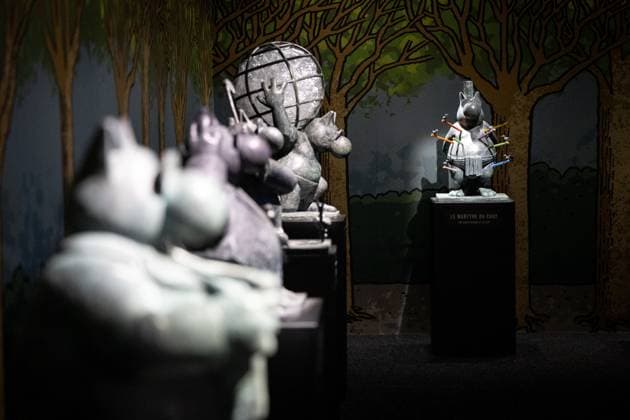 Exhibition of Philippe Geluck - Paris AJ This photo is an illustration showing the corridors, paintings, drawings, Statue statues and artworks of the exhibition during the opening of the exhibition (vernissage) of Philippe Geluck, author of the comic book (Bande dessinee, BD, Livre) strip Le Chat at the Maillol Museum in Paris, France on November 12, 2025. Photo by Alexis Jumeau ABACAPRESS.COM Paris France  Copyright: xJumeauxAlexis ABACAx