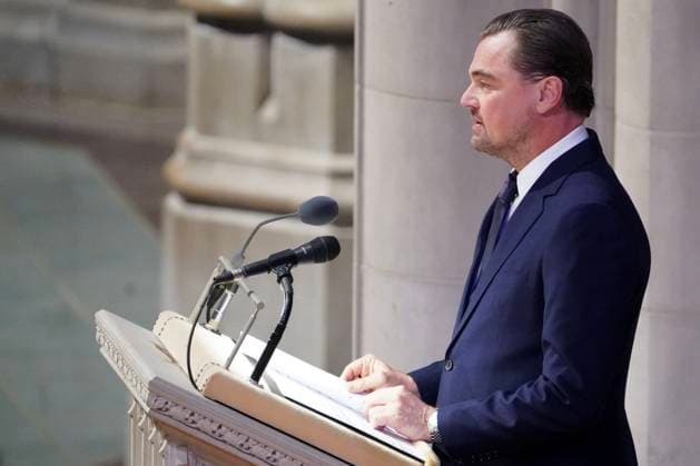 Actor and activist Leonardo DiCaprio delivers a tribute to Dr. Jane Goodall, DBE during a celebration and thanksgiving for life event at the Washington National Cathedral on Wednesday, November 12, 2025 in Washington DC.  WAP20251112910 LeighxVogel