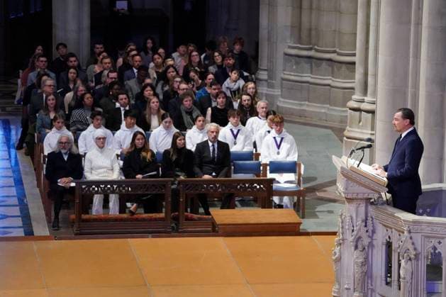Actor and activist Leonardo DiCaprio delivers a tribute to Dr. Jane Goodall, DBE during a celebration and thanksgiving for life event at the Washington National Cathedral on Wednesday, November 12, 2025 in Washington DC.  WAP20251112911 LeighxVogel