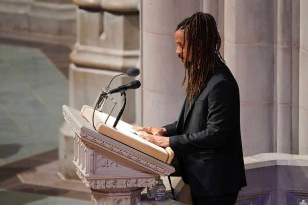 Merlin van Lawick, grandson of Dr. Jane Goodall, delivers a tribute to Dr. Jane Goodall, DBE during a celebration and thanksgiving for life event at the Washington National Cathedral on Wednesday, November 12, 2025 in Washington, DC.  WAP20251112920 LeighxVogel