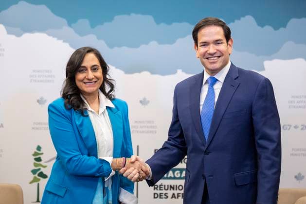 November 12, 2025, Niagara-On-The-Lake, On, Canada: Foreign Affairs Minister Anita Anand, left, and U.S. Secretary of State Marco Rubio take part in a bilateral meeting during the G7 Foreign Ministers Meeting in Niagara-on-the-Lake, Ont., on Wednesday, Nov. 12, 2025. Niagara-On-The-Lake Canada - ZUMAc35_ 20251112_zaf_c35_040 Copyright: xNickxIwanyshynx