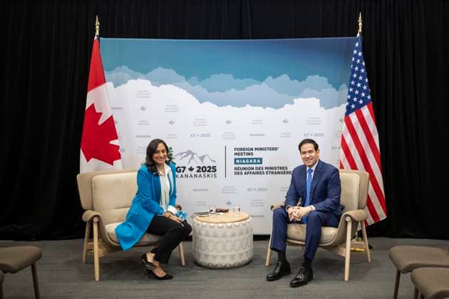 November 12, 2025, Niagara-On-The-Lake, On, Canada: Foreign Affairs Minister Anita Anand, left, and U.S. Secretary of State Marco Rubio take part in a bilateral meeting during the G7 Foreign Ministers Meeting in Niagara-on-the-Lake, Ont., on Wednesday, Nov. 12, 2025. Niagara-On-The-Lake Canada - ZUMAc35_ 20251112_zaf_c35_041 Copyright: xNickxIwanyshynx