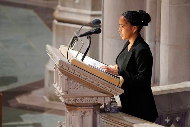 Actor and activist Leonardo DiCaprio delivers a tribute to Dr. Jane Goodall, DBE during a celebration and thanksgiving for life event at the Washington National Cathedral on Wednesday, November 12, 2025 in Washington DC.  WAP20251112904d LeighxVogel