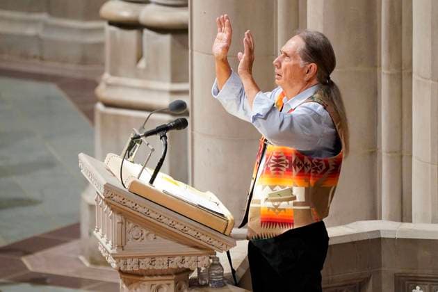 McClellan Mac Hall, Cherokee, Founder of the National Indian Youth Leadership Project, delivers a tribute to Dr. Jane Goodall, DBE during a celebration and thanksgiving for life event at the Washington National Cathedral on Wednesday, November 12, 2025 in Washington DC.  WAP20251112923 LeighxVogel