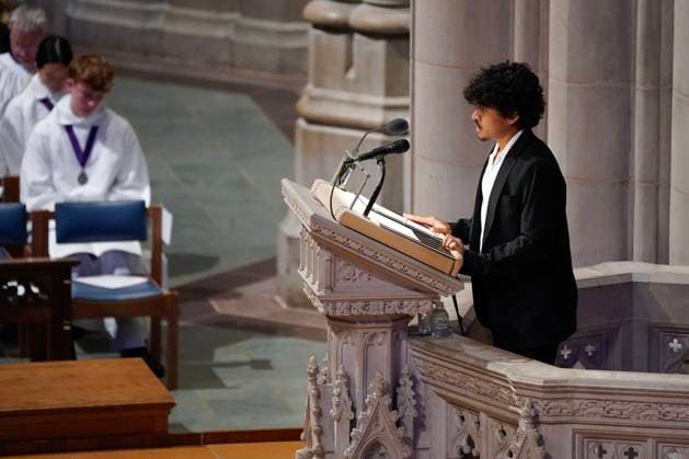 Nick van Lawick, grandson of Jane Goodall, delivers a tribute to Dr. Jane Goodall, DBE during a celebration and thanksgiving for life event at the Washington National Cathedral on Wednesday, November 12, 2025 in Washington DC.  WAP20251112926 LeighxVogel