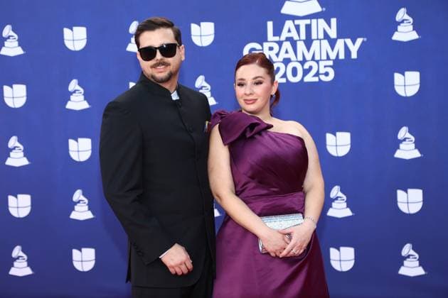 (L-R) Francisco Pinero and Adriana Gonzalez arrive for the 26th annual Latin Grammy Awards at the MGM Garden Arena in Las Vegas, Nevada on Thursday, November 13, 2025.  LAV20251113121 JAMESxATOA