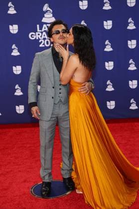 (L-R) Christian Nodal and Angela Aguilar arrive for the 26th annual Latin Grammy Awards at the MGM Garden Arena in Las Vegas, Nevada on Thursday, November 13, 2025.  LAV20251113151 JAMESxATOA