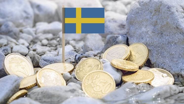 Schwedische Flagge und Euromünzen am Flussufer, Auslandsinvestitionen, Geldwechsel und internationale Finanzen im Zusammenhang mit Schweden und der europäischen Wirtschaft Swedish flag and euro coins on the riverbank, foreign investment, currency exchange, and international finance connected to Sweden and the European economy Copyright: imageBROKER LeandroxMacari ibxlem15654580.jpg