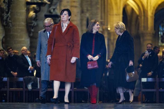 Prince Laurent of Belgium (L) , Princess Claire of Belgium (2R) and Princess Astrid of Belgium leave after the Te Deum mass, on the occasion of the King s Feast, at the Saint Michael and St Gudula Cathedral (Cathedrale Saints Michel et Gudule Sint-Michiels- en Sint-Goedelekathedraal) in Brussels on Saturday 15 November 2025.  NICOLASxMAETERLINCK 141732323