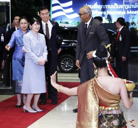 Japan Princess Aiko s visit to Laos Japanese Princess Aiko is welcomed at a hotel in Vientiane on Nov. 17, 2025, upon her arrival in Laos, her first official overseas trip, to mark the 70th anniversary of the establishment of diplomatic ties between the two countries. (Pool photo)  A14AA0005042976P