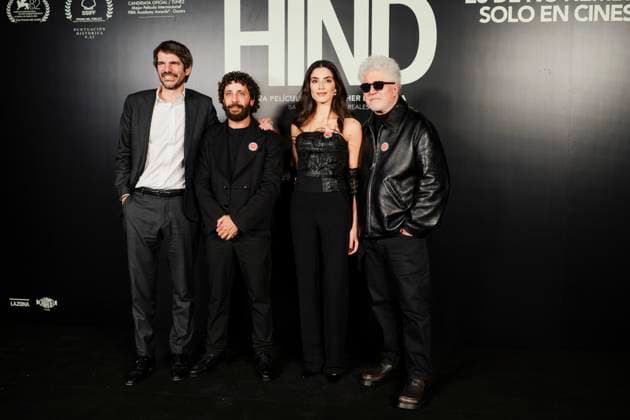Premiere of La voz de Hind I D The Minister of Culture, Ernest Urtasun, actors Saja Kilani and Motaz Malhees and director Pedro Almodóvar pose during the red carpet of the film La voz de Hind, at the Palacio de la Prensa, on November 18, 2025, in Madrid Spain The film narrates the anguished wait of a six-year-old Palestinian girl, trapped in a car under fire in Gaza, while the Red Crescent tries to rescue her, trapped in a car under fire in Gaza, while the Red Crescent tries to rescue her The film focuses on the drama of the calls for help and the helplessness of those who try to help her, without showing explicit violence 18 NOVEMBER 2025 PREMIERE FILM PRESENTATION CINEMA GAZA Madrid Madrid Spain Copyright: xMateoxLanzuelax 7109897