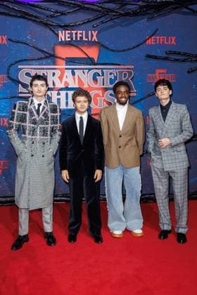 Fan Event - Stranger Things 5 - Finn Wolfhard, Gaten Matarazzo, Caleb McLaughlin und Noah Schnapp beim Netflix Stranger Things Staffel 5 Fan Event im Flughafen Tempelhof Hangar 7 am 18.11.2025 in Berlin. Copyright: xEventpressxKochanx