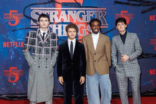 Fan Event - Stranger Things 5 - Finn Wolfhard, Gaten Matarazzo, Caleb McLaughlin und Noah Schnapp beim Netflix Stranger Things Staffel 5 Fan Event im Flughafen Tempelhof Hangar 7 am 18.11.2025 in Berlin. Copyright: xEventpressxKochanx